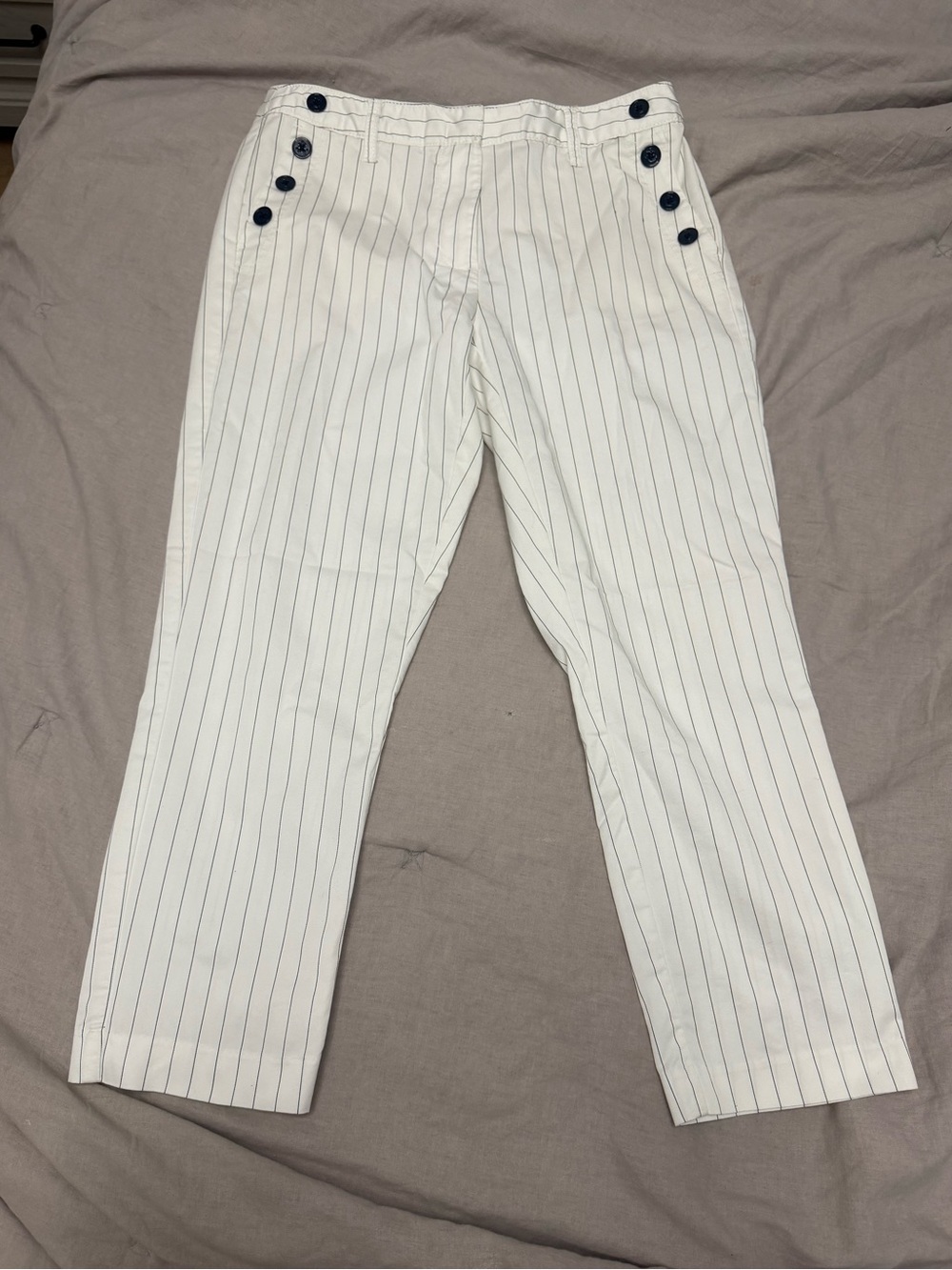Tommy Hilfiger White Pinstripe Straight-Leg Pants with Navy Buttons